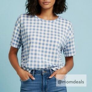 LulaRoe Irma Tunic Short Sleeve Checked Print Light Blue & White XXS-XS 00-0